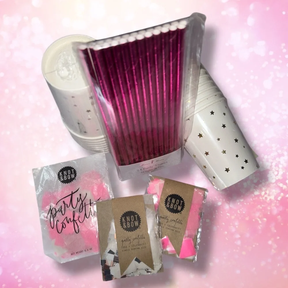 NWT Anthropologie Pink Silver & Gold Party Supplies Cups Straws Confetti foil